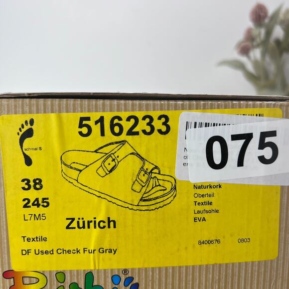 Birki's Zurich Slide Sandals Check Fur Gray 516233 Women 7/Men 5/EU38 NWB Narrow - Picture 10 of 10